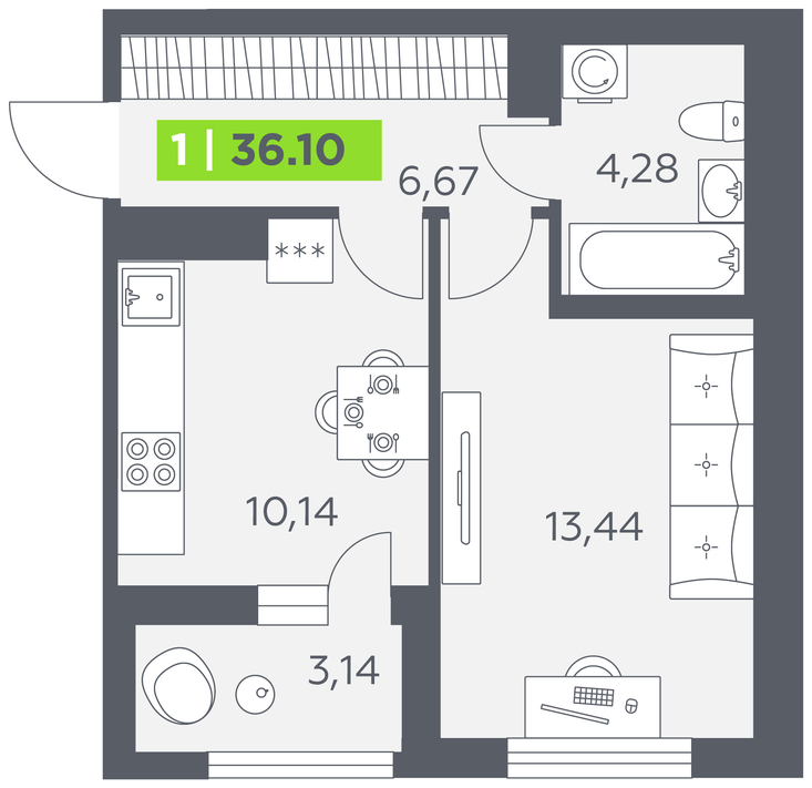 Планировка 1-комнатной квартиры 36,1 м²