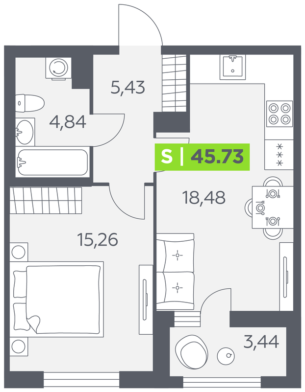 Планировка 2-комнатной евро 45,73 м²