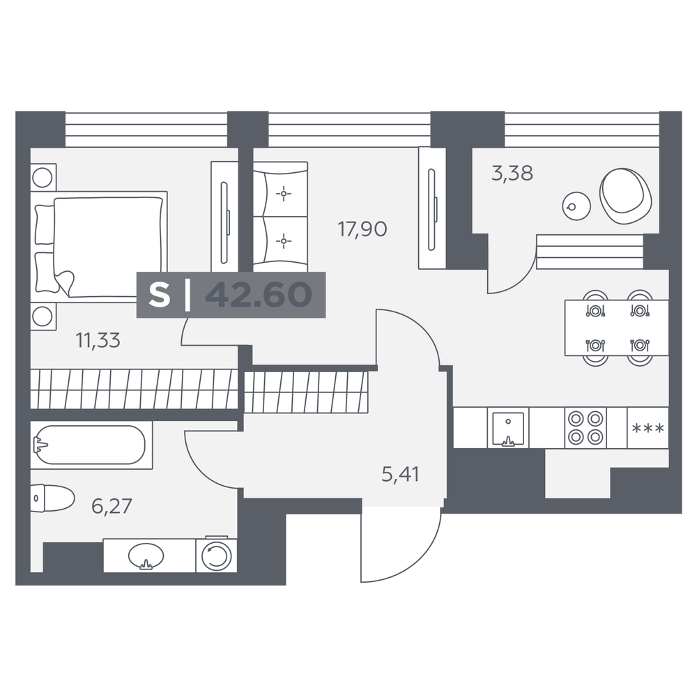 Планировка 2-комнатной евро 42,6 м²