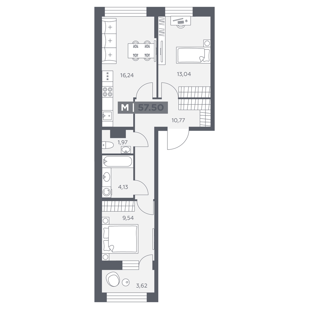 Планировка 3-комнатной евро 57,5 м²