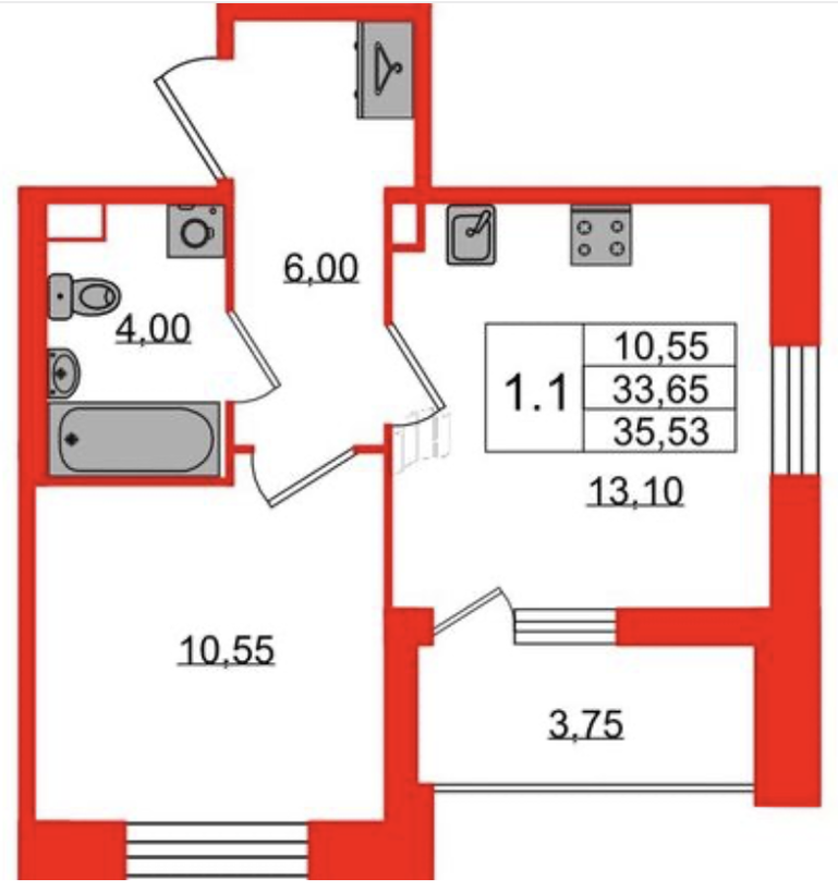 Планировка 1-комнатной квартиры 35,53 м²