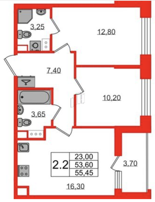 Планировка 2-комнатной квартиры 55,45 м²