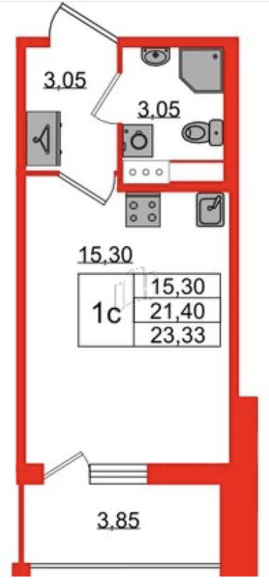 Планировка студии 23,33 м²