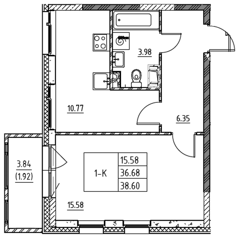 Планировка 1-комнатной квартиры 38,6 м²