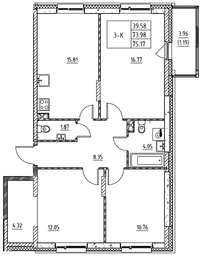Планировка 3-комнатной квартиры 75,17 м²