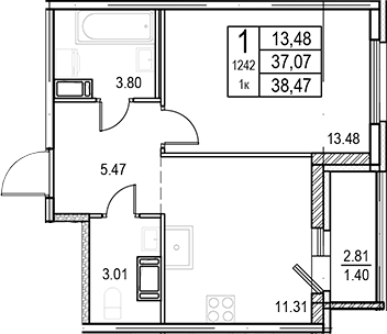 Планировка 1-комнатной квартиры 38,47 м²