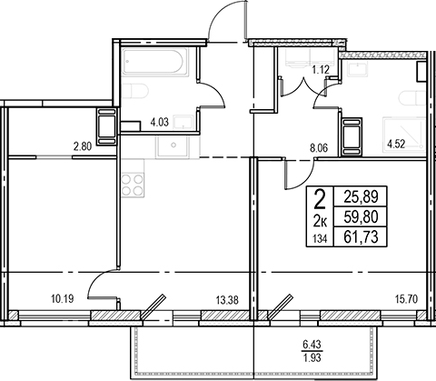 Планировка 2-комнатной квартиры 61,73 м²