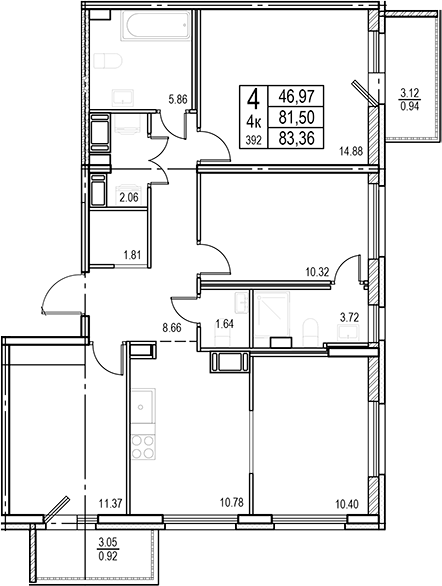 Планировка 4-комнатной квартиры 83,36 м²