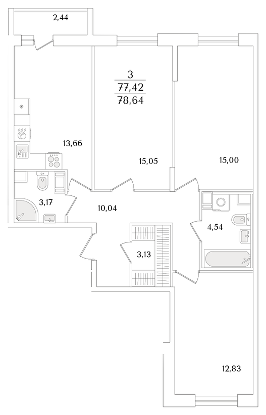 Планировка 3-комнатной квартиры 78,64 м²