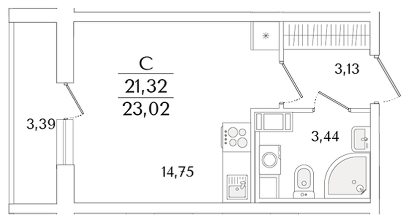 Планировка студии 23,02 м²