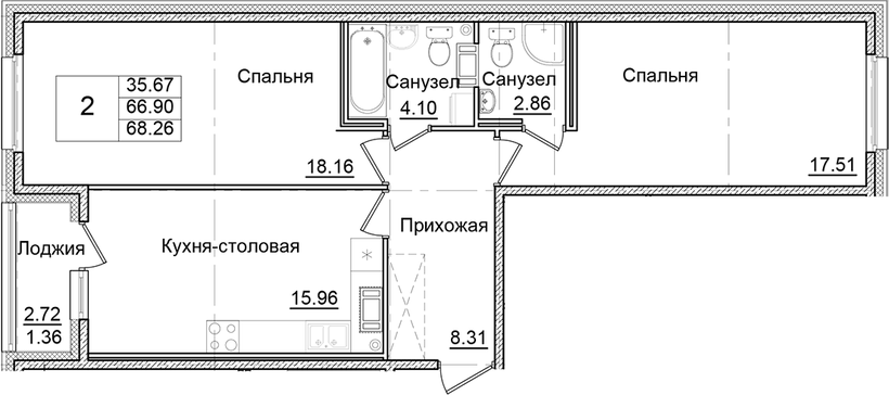 Планировка 2-комнатной квартиры 68,26 м²