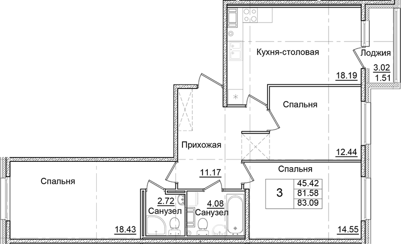 Планировка 3-комнатной квартиры 83,09 м²