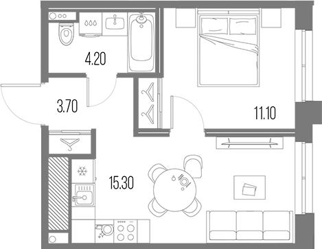 Планировка квартиры 34,3 м² с одной спальней