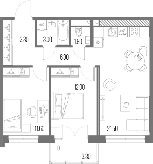 Планировка квартиры 60,49 м² с двумя спальнями и балконом