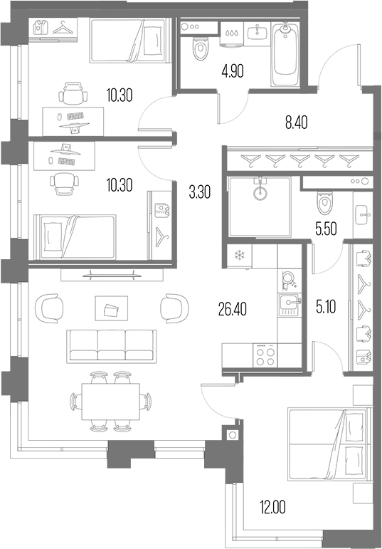 Планировка квартиры 86,2 м² с тремя спальнями