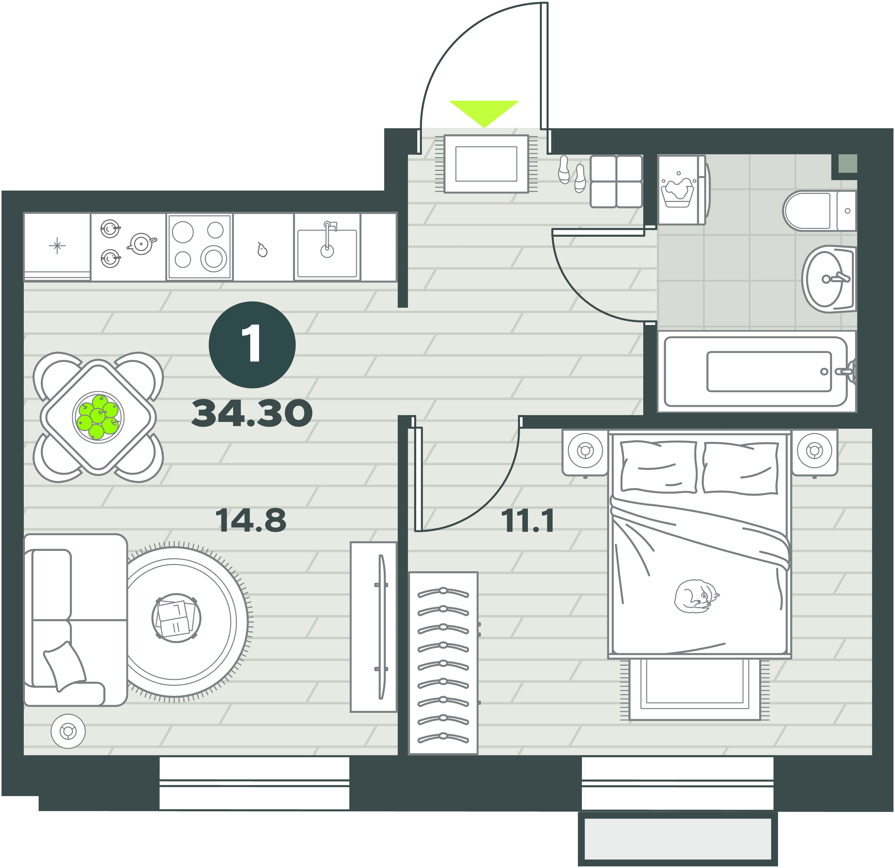 Планировка 1-комнатной квартиры 34,3 м²