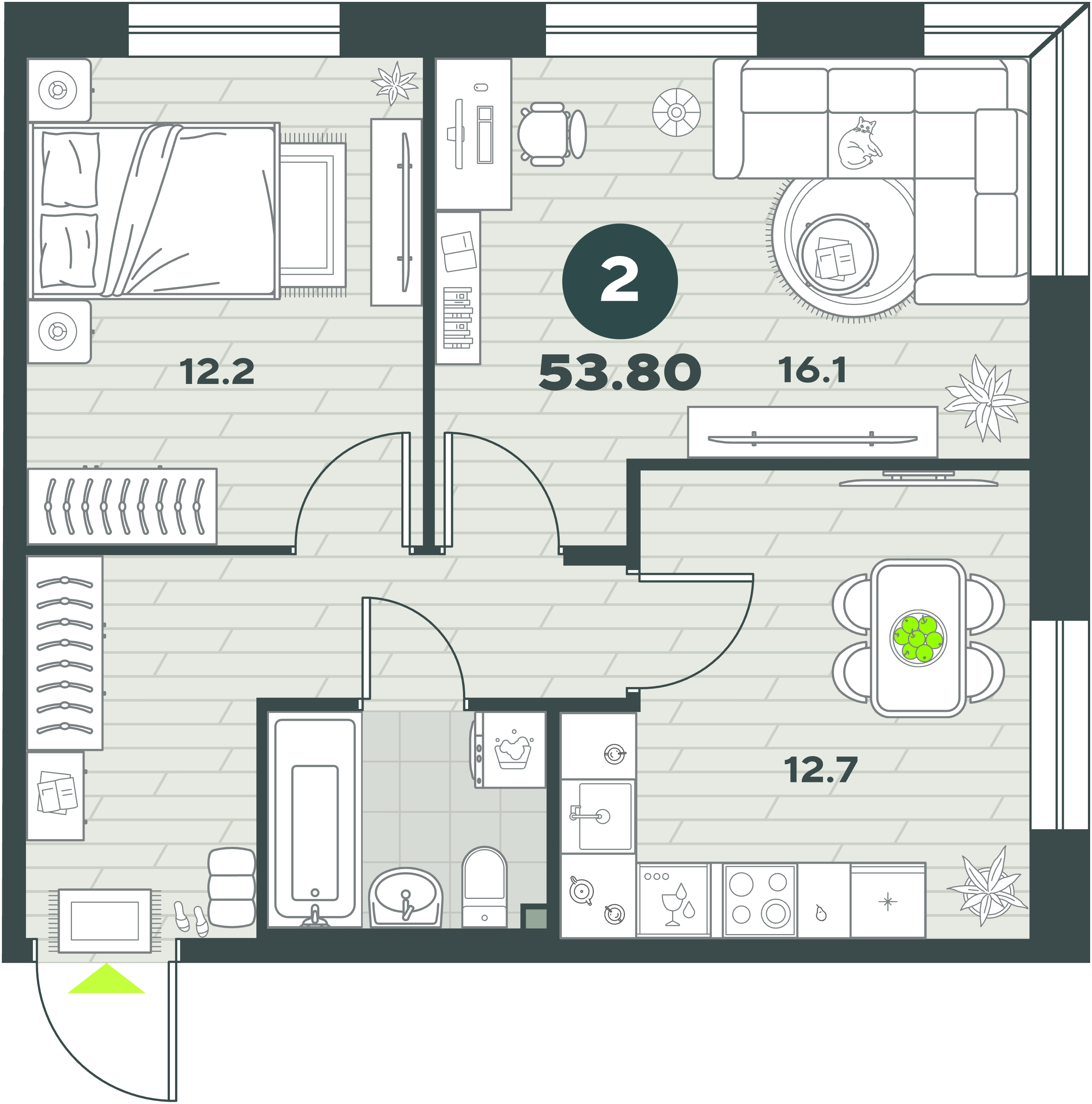 Планировка 2-комнатной квартиры 53,8 м²