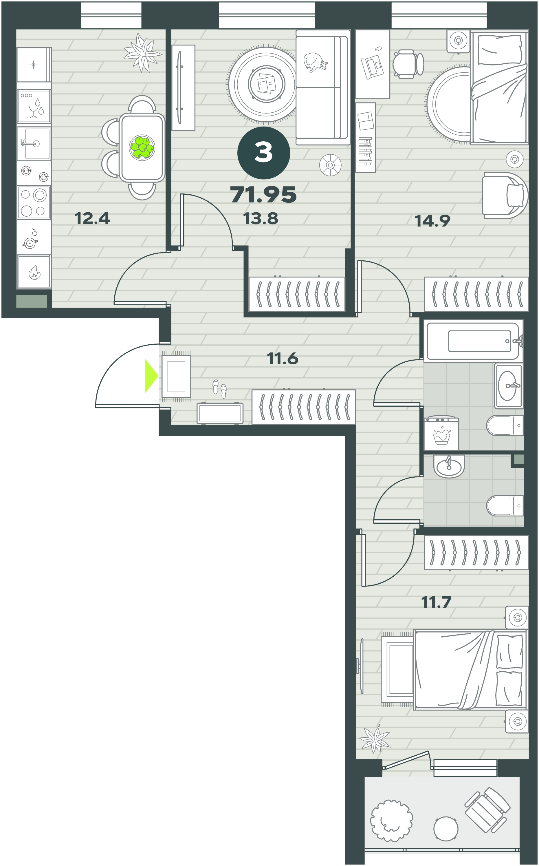 Планировка 3-комнатной квартиры 71,95 м²