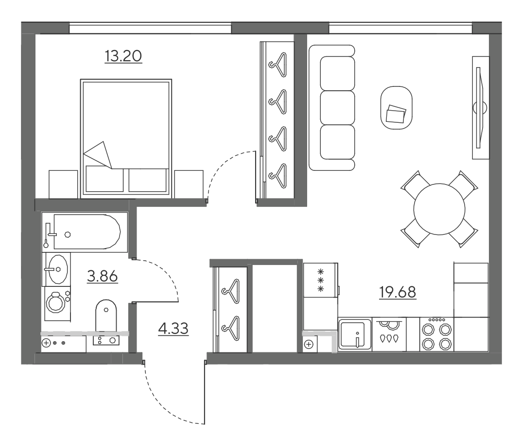 Планировка квартиры 43,27 м² с одной спальней