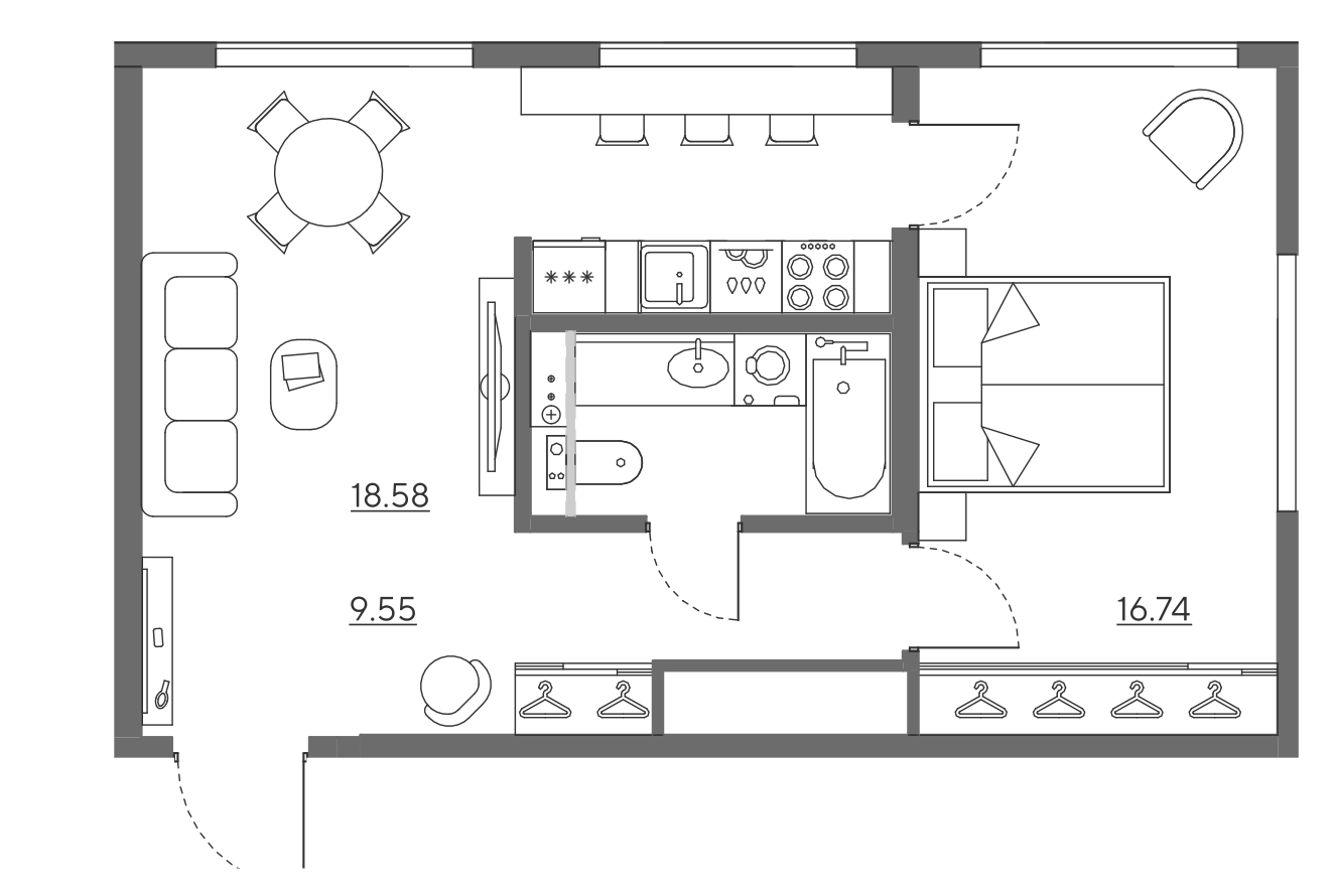 Планировка квартиры 53,93 м² со спальней 16,74 м²