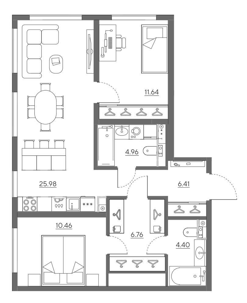 Планировка квартиры 75,8 м² с двумя спальнями