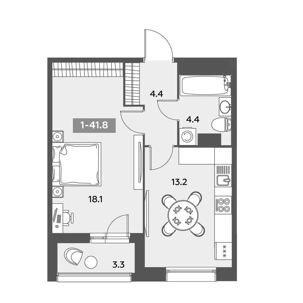 Планировка 1-комнатной квартиры 41,8 м²