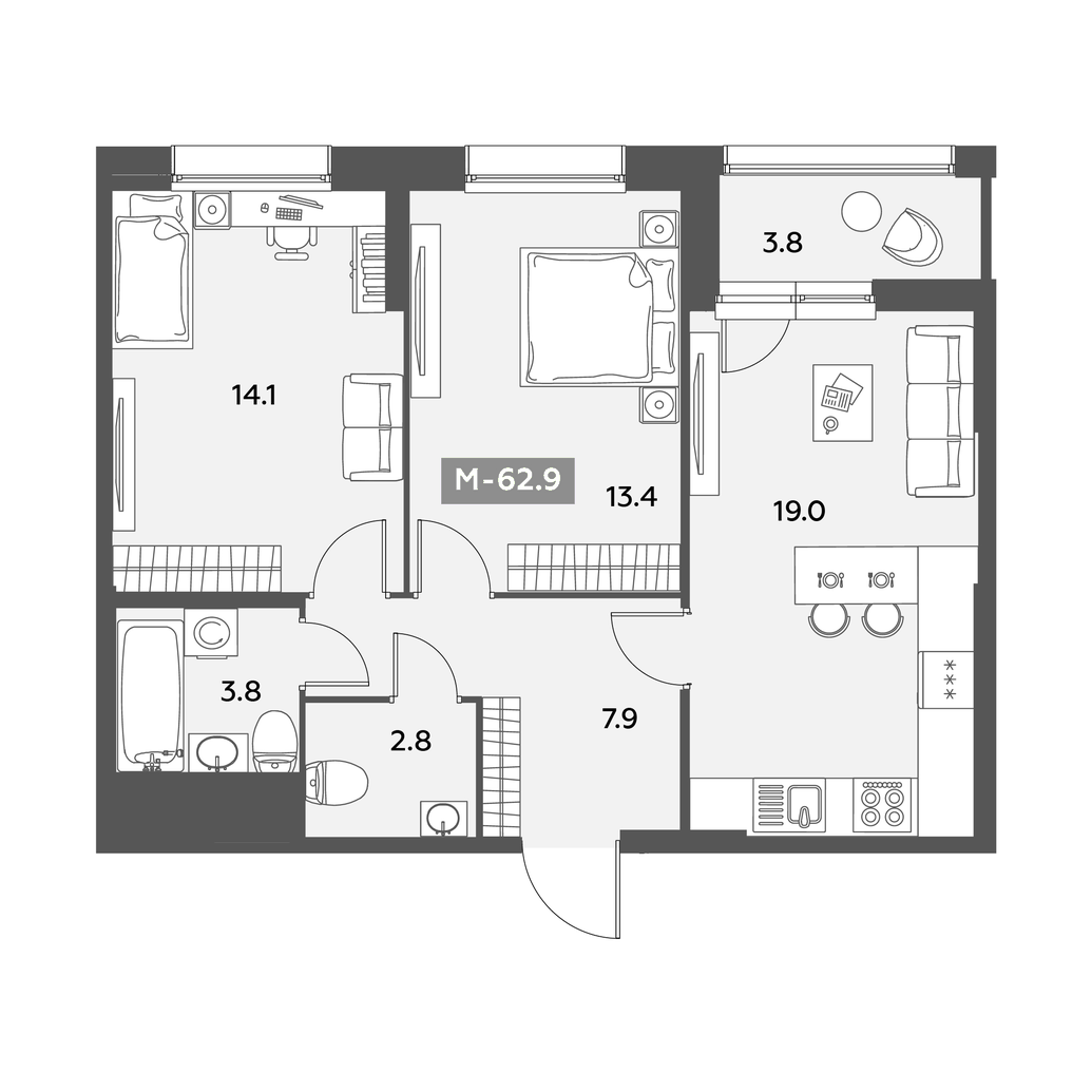 Планировка 3-комнатной евро 62,9 м²