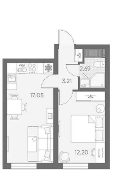 Планировка однокомнатной квартиры 35,15 м²