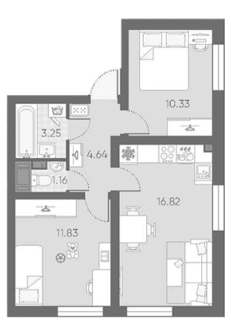 Планировка двухкомнатной квартиры 48,03 м²