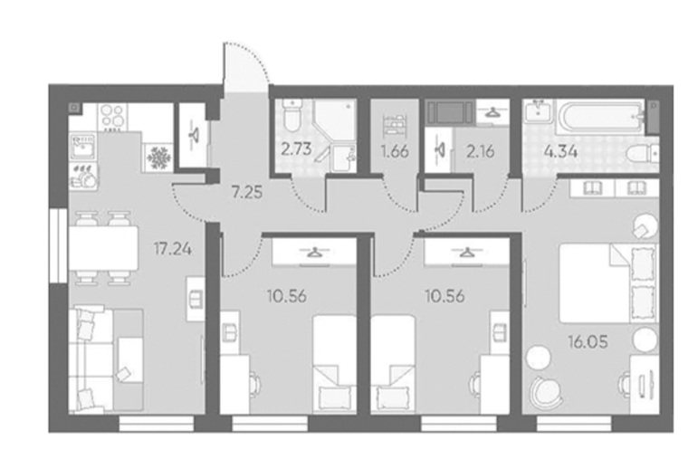 Планировка трёхкомнатной квартиры 72,55 м²