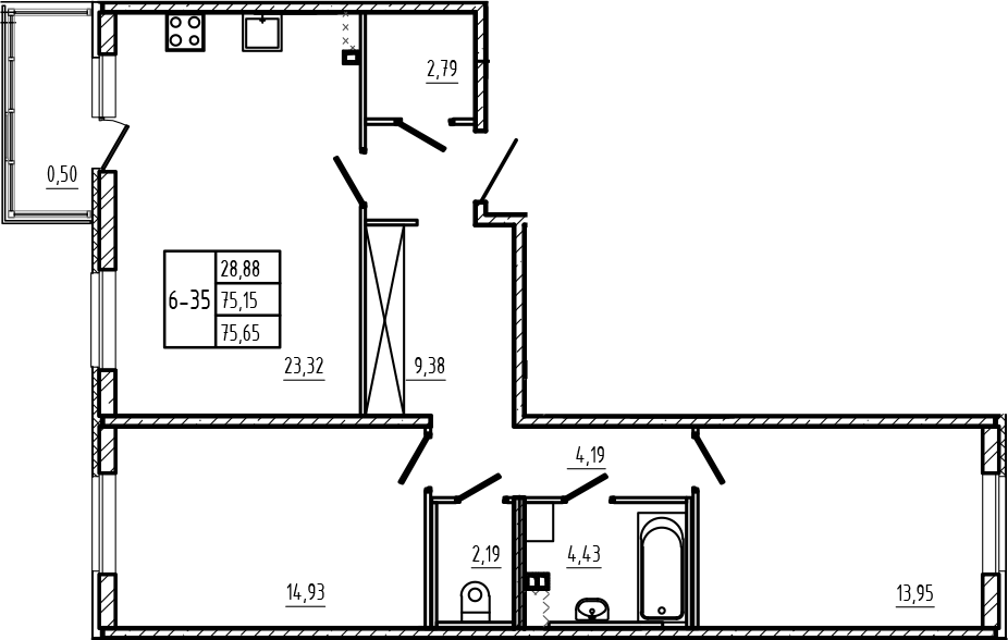 Планировка 2-комнатной квартиры 75,65 м²