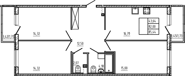 Планировка 3-комнатной квартиры 85,44 м²
