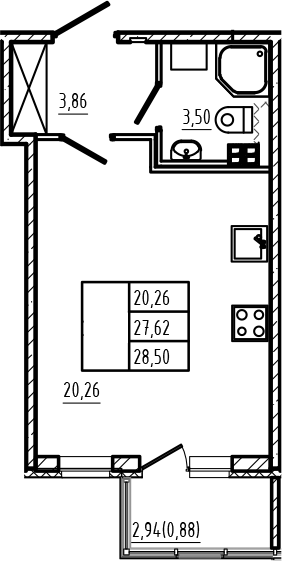 Планировка студии 28,5 м²