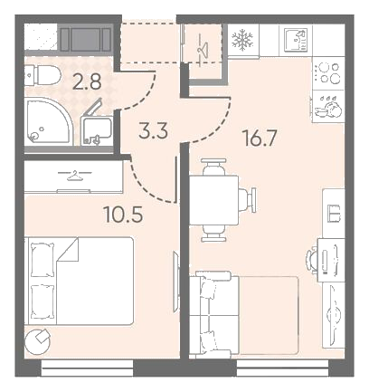 Планировка 1-комнатной квартиры 33,3 м²