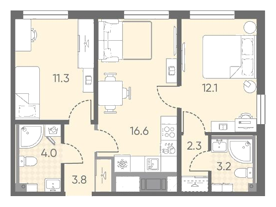Планировка 2-комнатной квартиры 53,3 м²