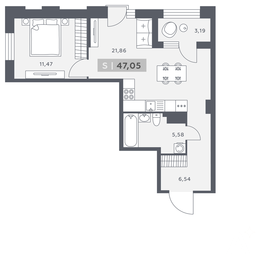Планировка 2-комнатной квартиры 47,05 м²