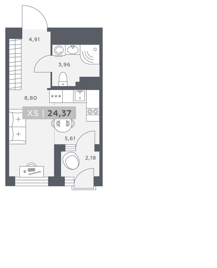 Планировка студии 24,37 м²