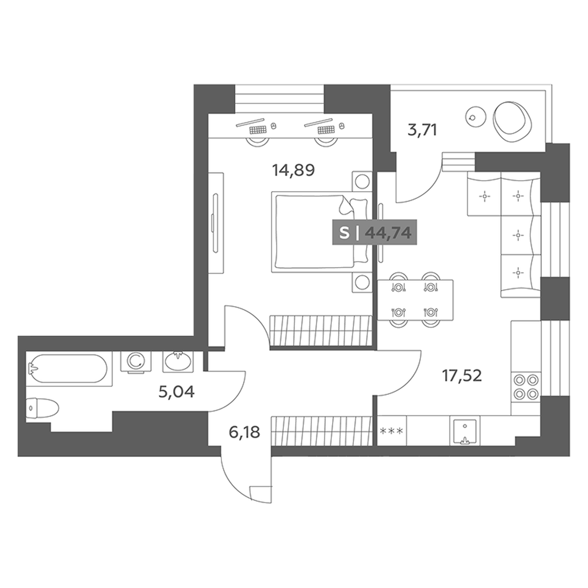 Планировка 2-комнатной евро 44,74 м²