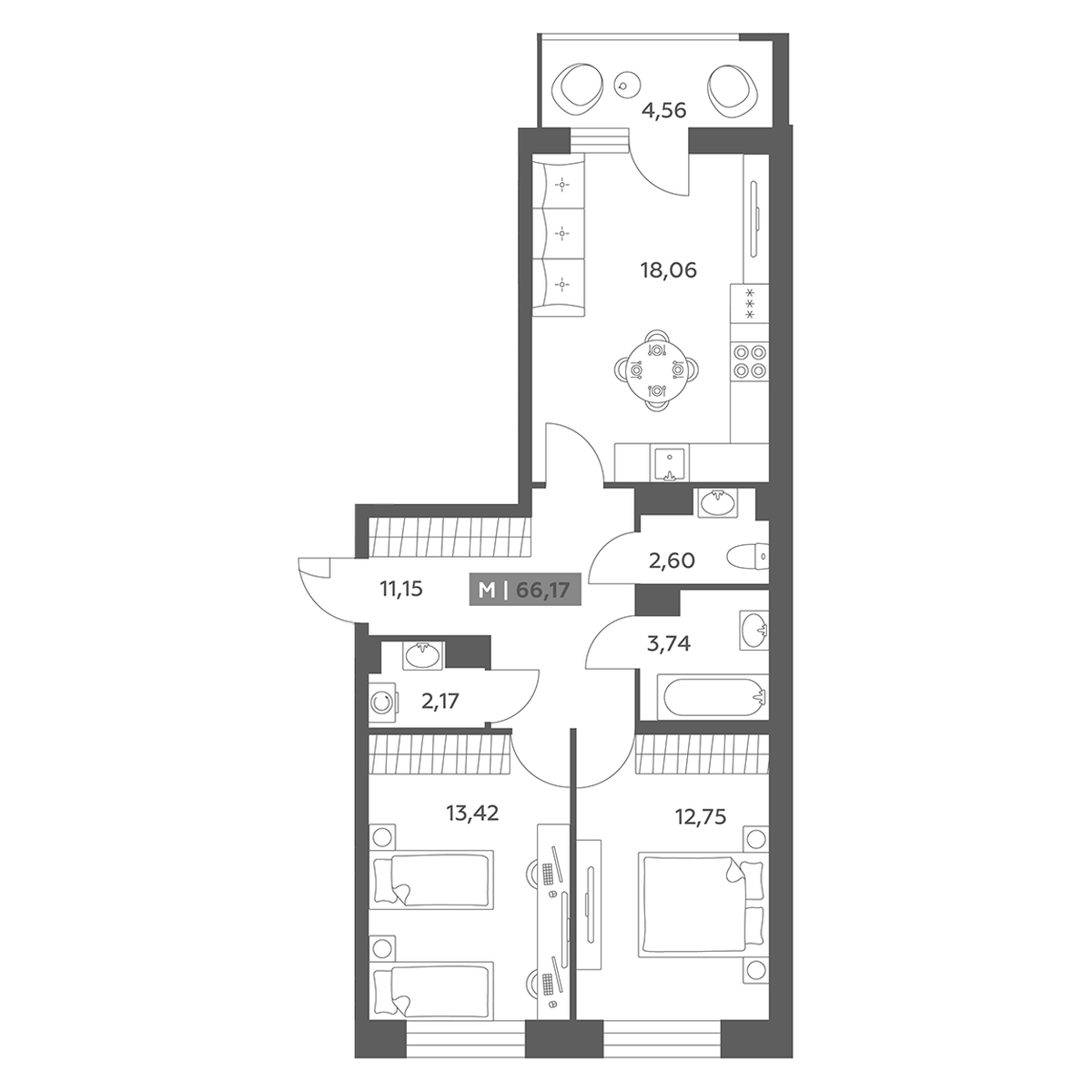 Планировка 3-комнатной евро 66,17 м²