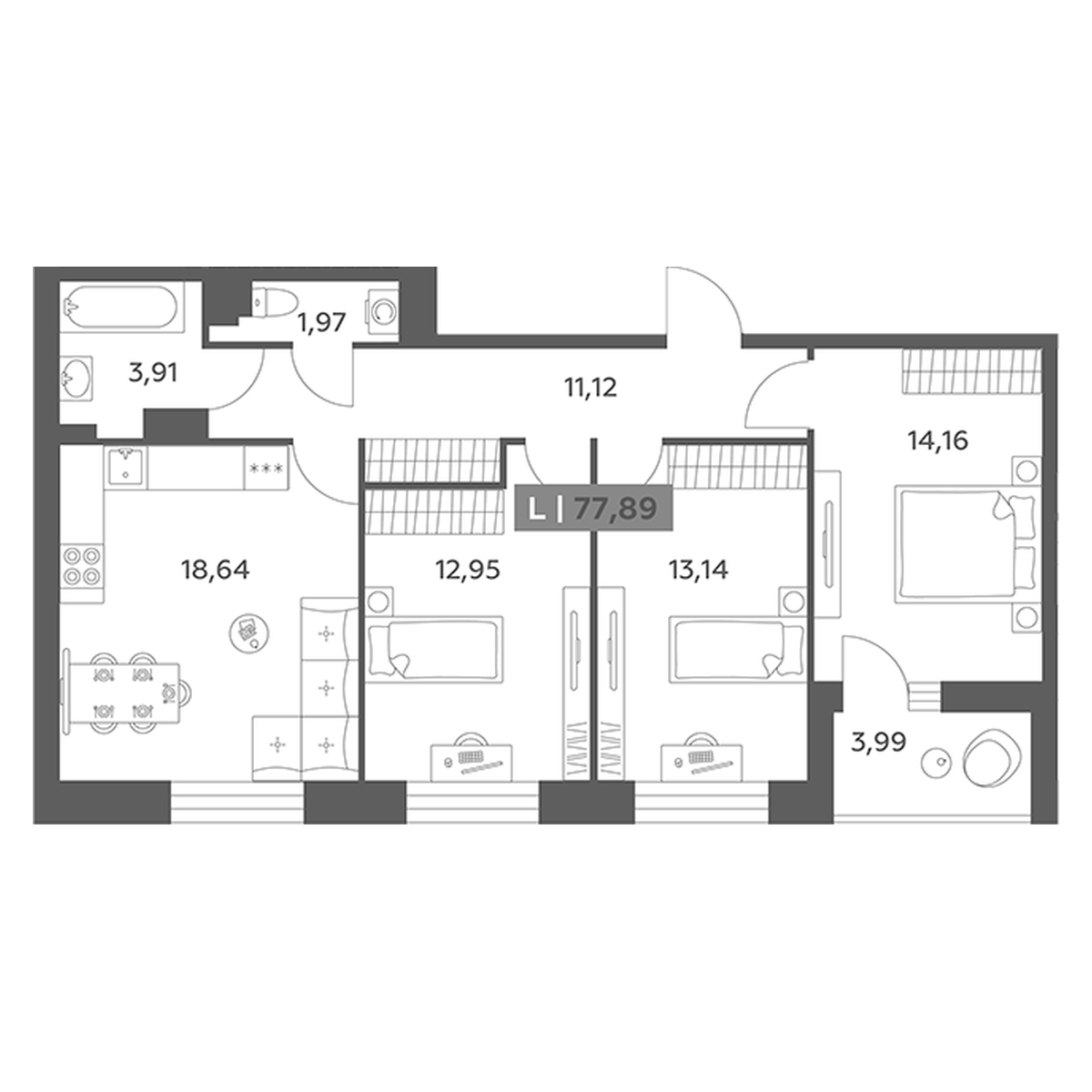 Планировка 4-комнатной евро 77,89 м²