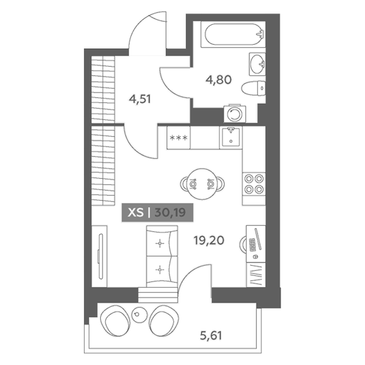 Планировка студии 30,19 м²