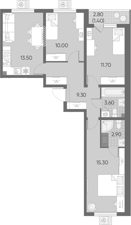 Планировка 3-комнатной квартиры 67,7 м² в ЖК «Ручьи»