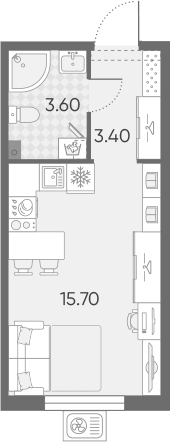 Планировка студии 22,7 м² в ЖК «Ручьи»