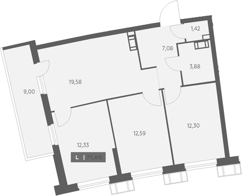 Планировка четырёхкомнатной европланировки 71,88 м²