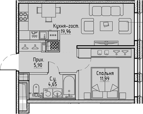 Планировка квартиры 42,5 м² с одной спальней