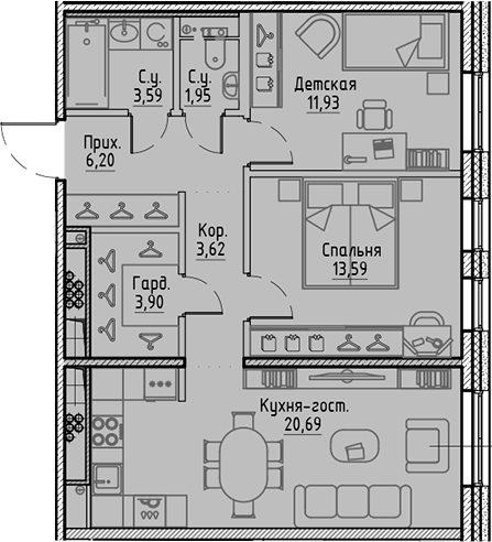 Планировка квартиры 65,47 м² с двумя спальнями и гардеробной