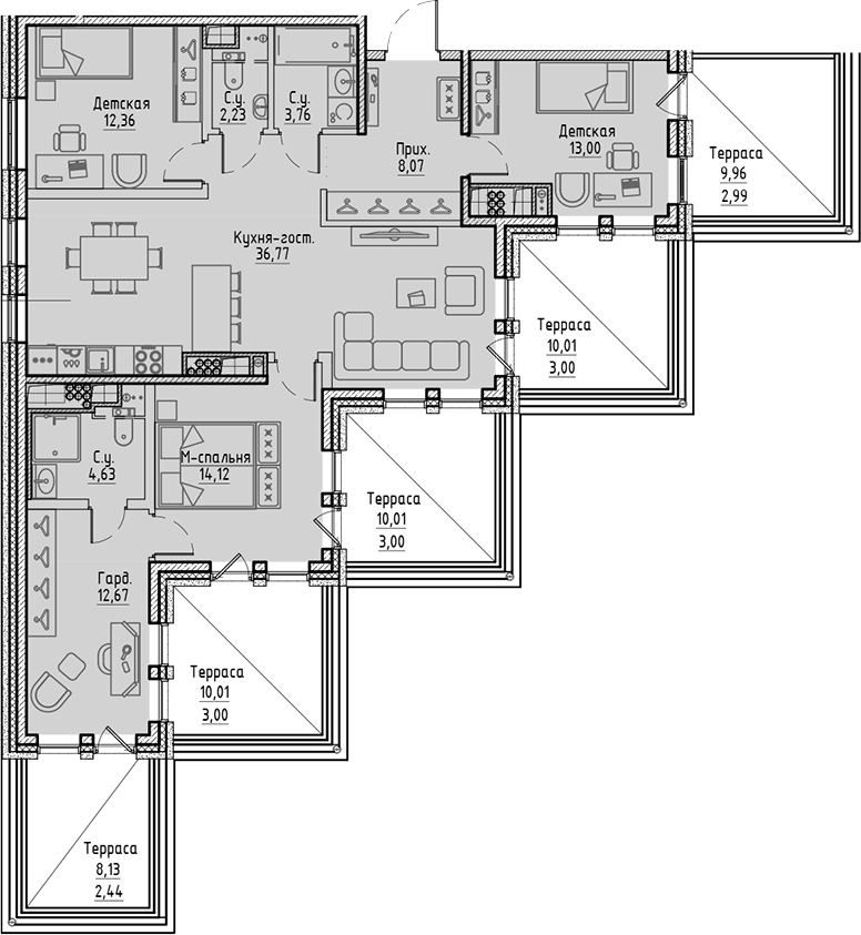 Планировка квартиры 122,04 м² с четырьмя спальнями и террасами