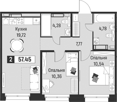 Планировка 3-комнатной квартиры 57,45 м²