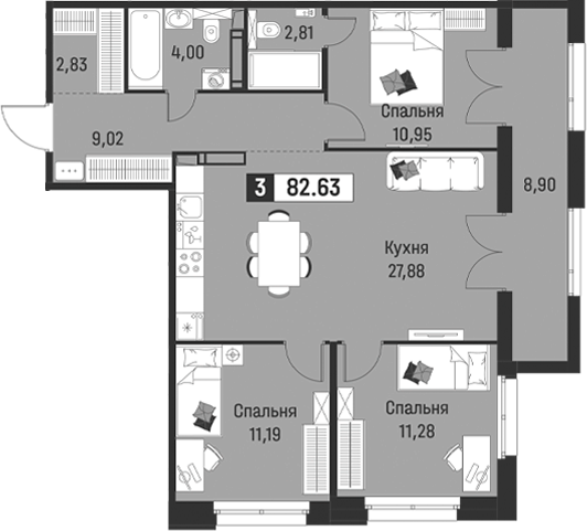 Планировка 4-комнатной квартиры 82,63 м²