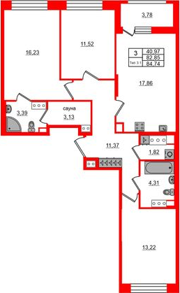 Планировка 3-комнатной квартиры 82,85 м² с сауной, тип 3.1